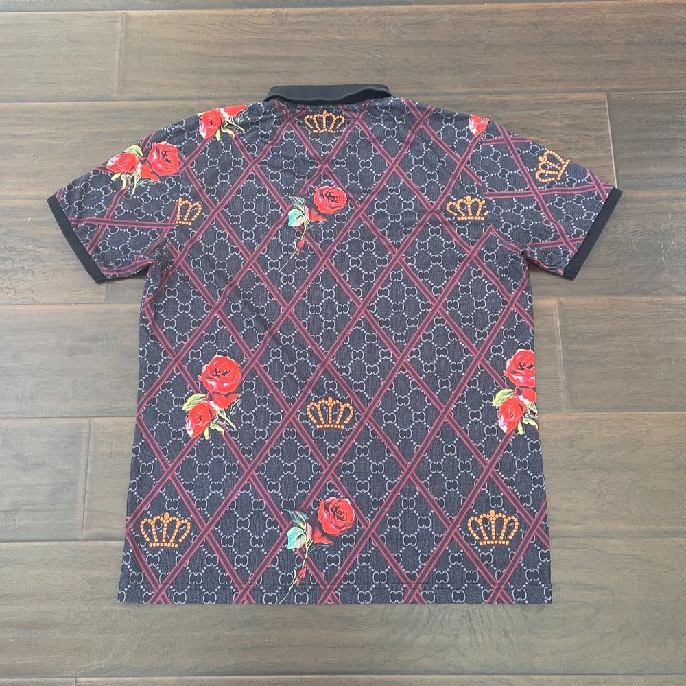 Pavini Men's Polo Shirt Black Short Sleeves Red Roses Crown Size XL - Picture 2 of 9